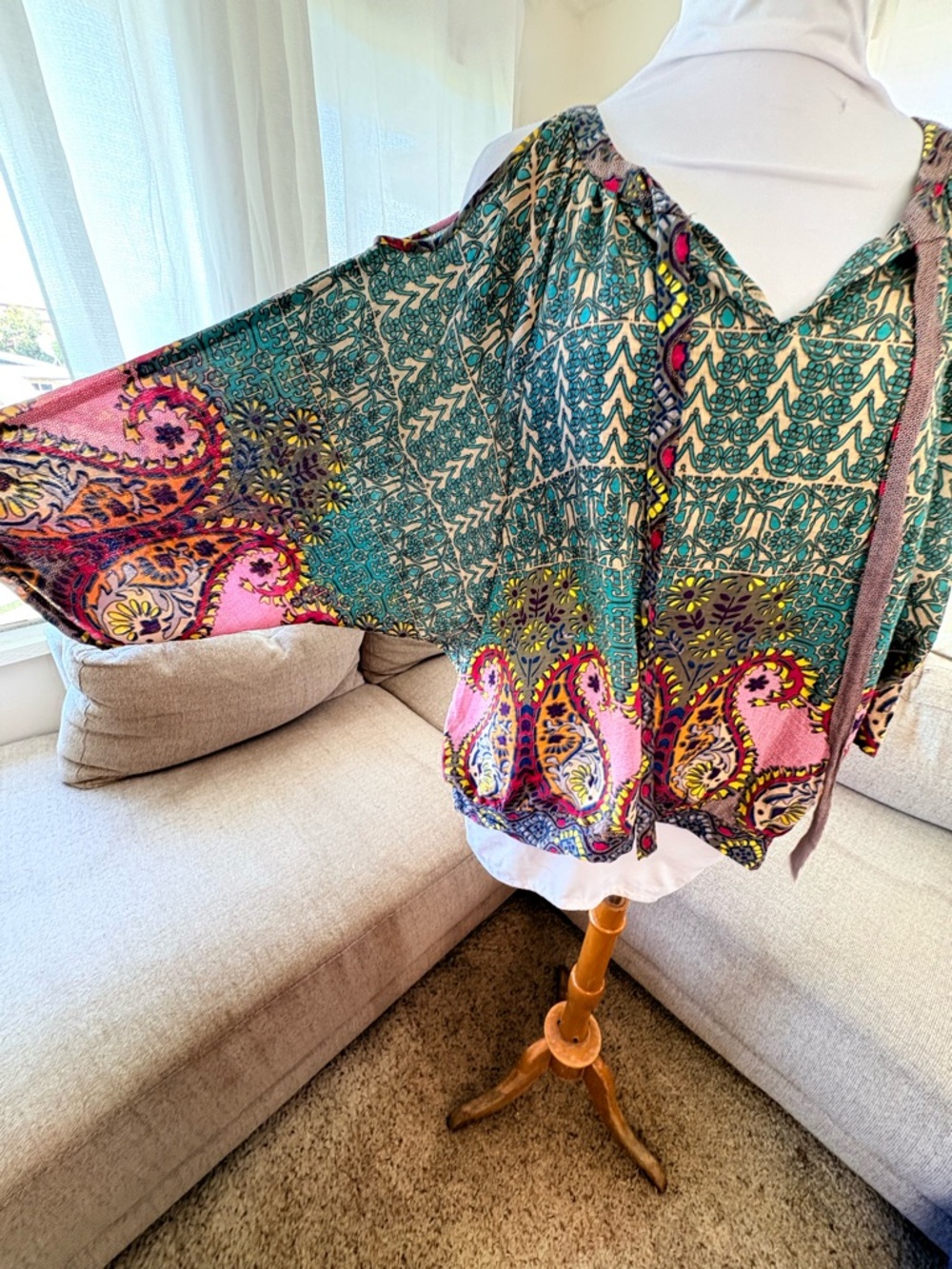 Umgee Green Pink Multicolor Paisley Peasant Top Cold Shoulder Balloon Sleeve XL - Picture 2 of 7
